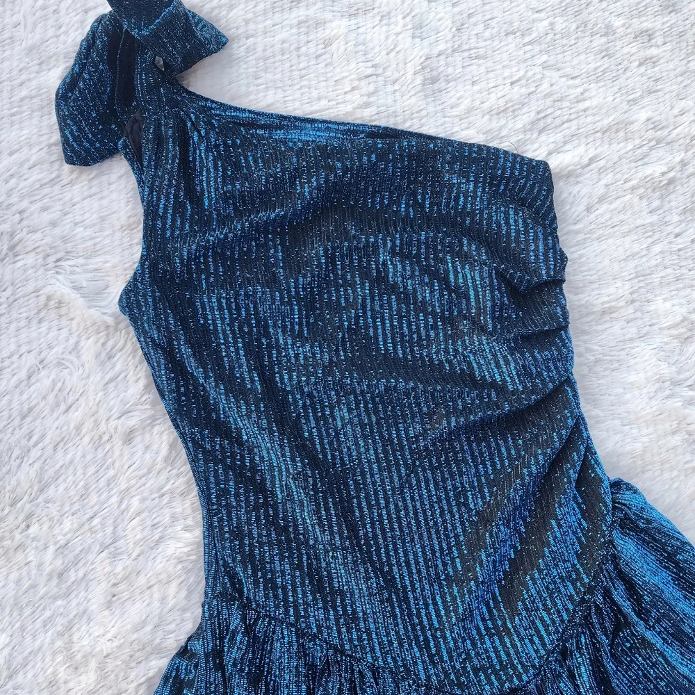 Stash‎ Vintage 1980s Metallic Blue One Shoulder Ruffle Prom Dress - Picture 2 of 10